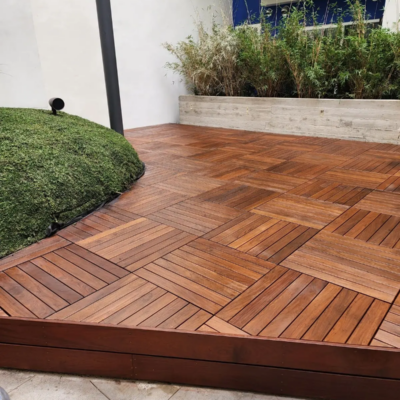 Ipe deck tiles 24x24 laid on concrete patio – simple installation, elegant finish