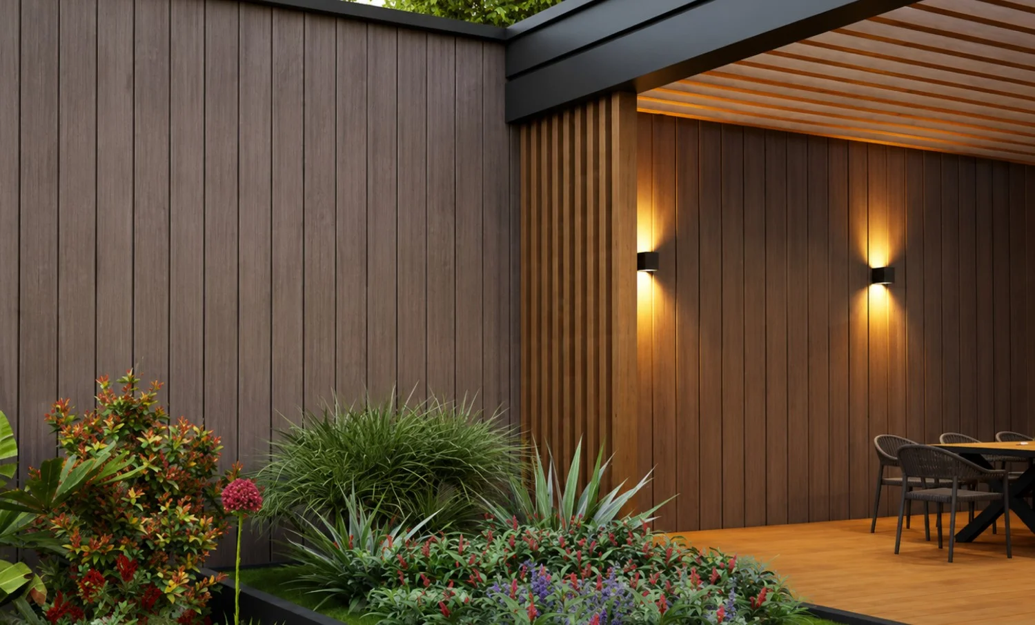 NewTechWood composite siding and decking on a modern outdoor patio