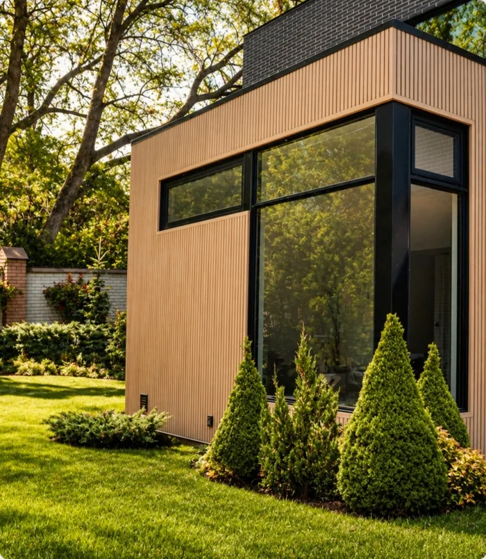 NewTechWood vertical composite cladding on a modern backyard structure
