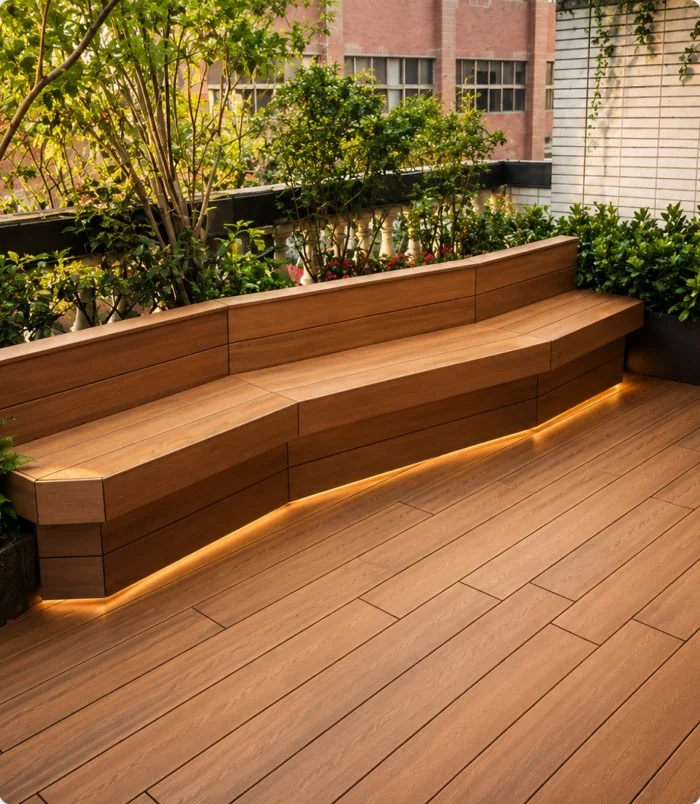 NewTechWood composite rooftop deck with built-in bench seating