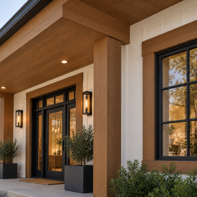 Modern house entry with warm wood cladding, black framed windows and doors, and potted greenery along the front porch.